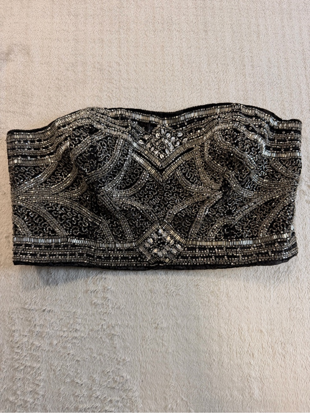 Kimchi Blue Beaded Strapless Bustier Crop Top Black Silver Art Deco S